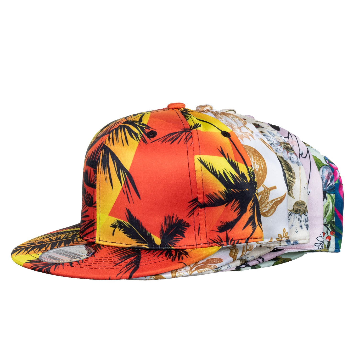 Wholesale Flat brim baseball cap with digital print of coconut tree pattern